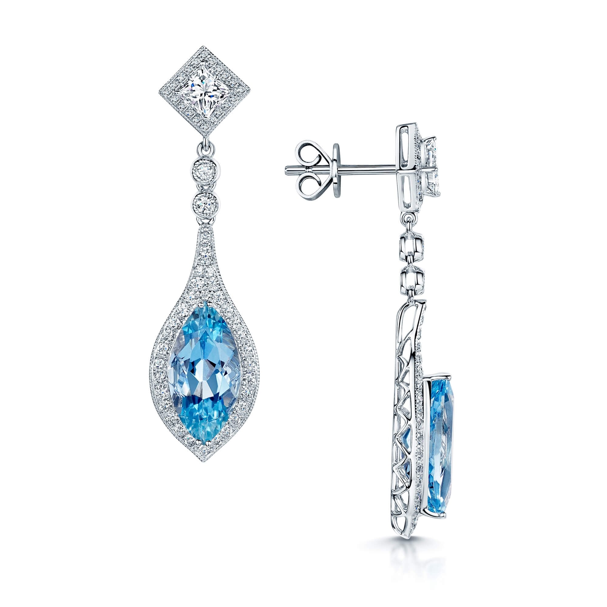 18ct White Gold Marquise Aquamarine And Diamond Stud Drop Earrings With A Grain Setting