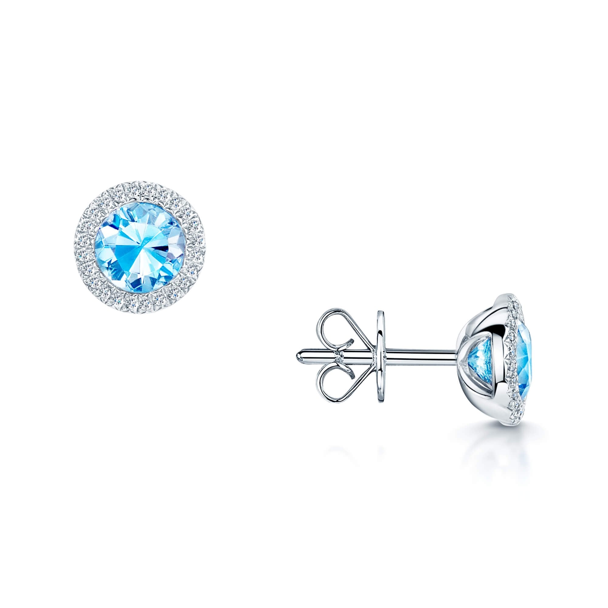 18ct White Gold Round Aquamarine And Round Brilliant Cut Diamond Claw Set Cluster Earrings