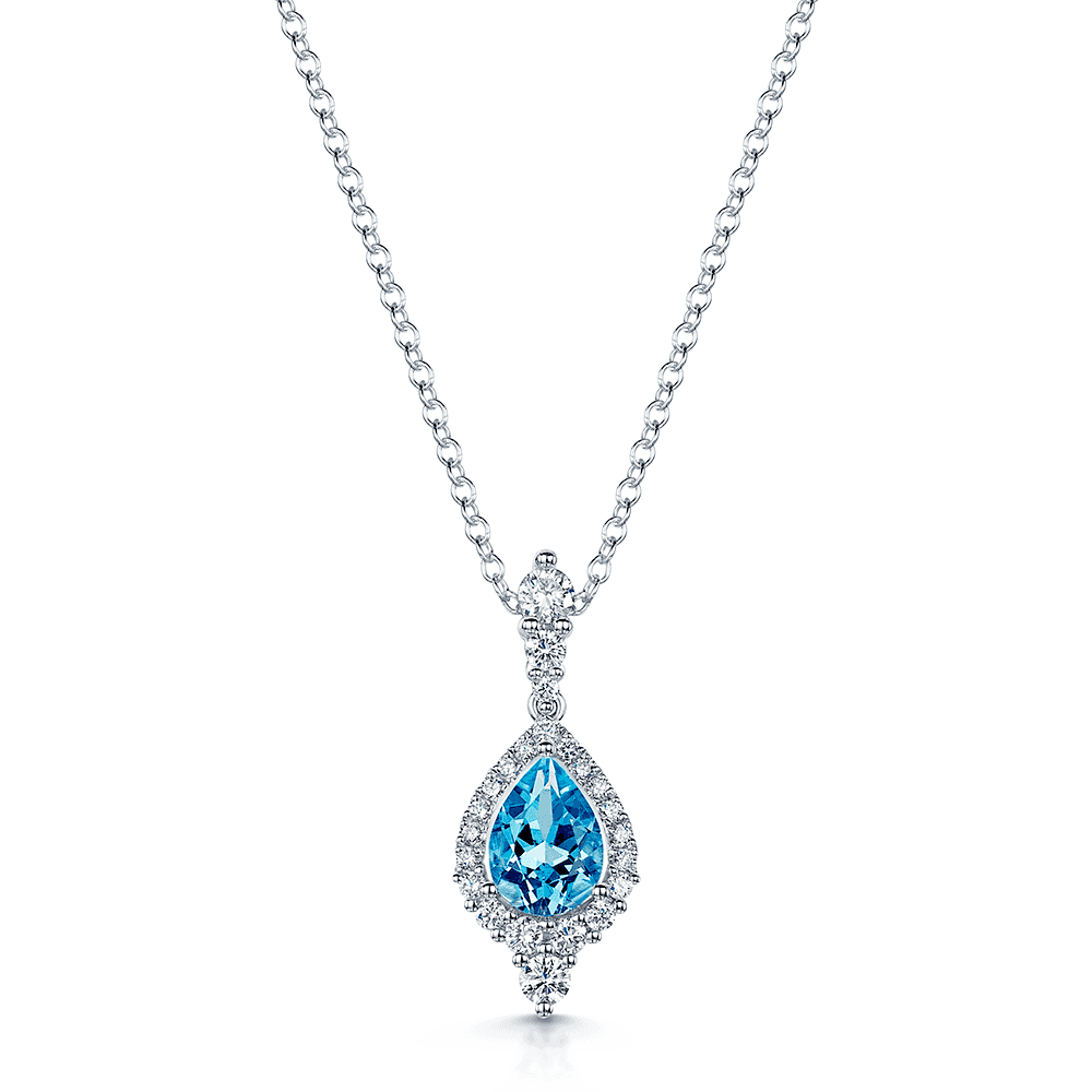 18ct White Gold Pear Blue Topaz And Diamond Vintage Style Pendant With A Diamond Bale