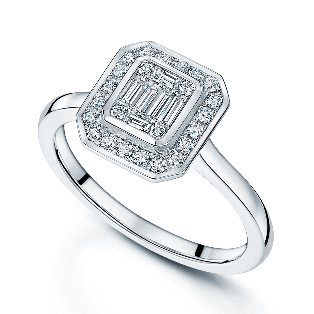 Platinum Baguette And Round Brilliant Cut Diamond Cluster Ring