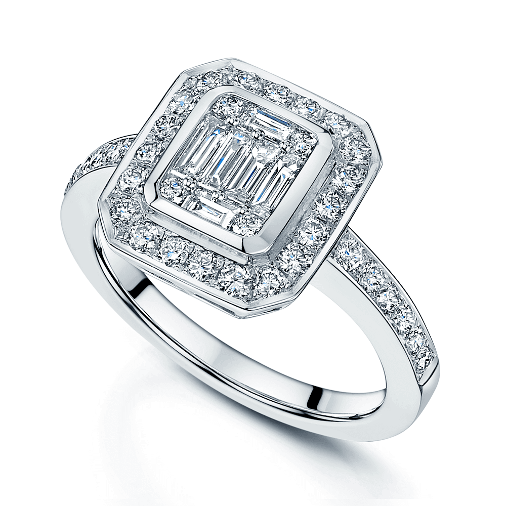 Platinum Baguette And Round Brilliant Cut Diamond Cluster Ring With Diamond Shoulders
