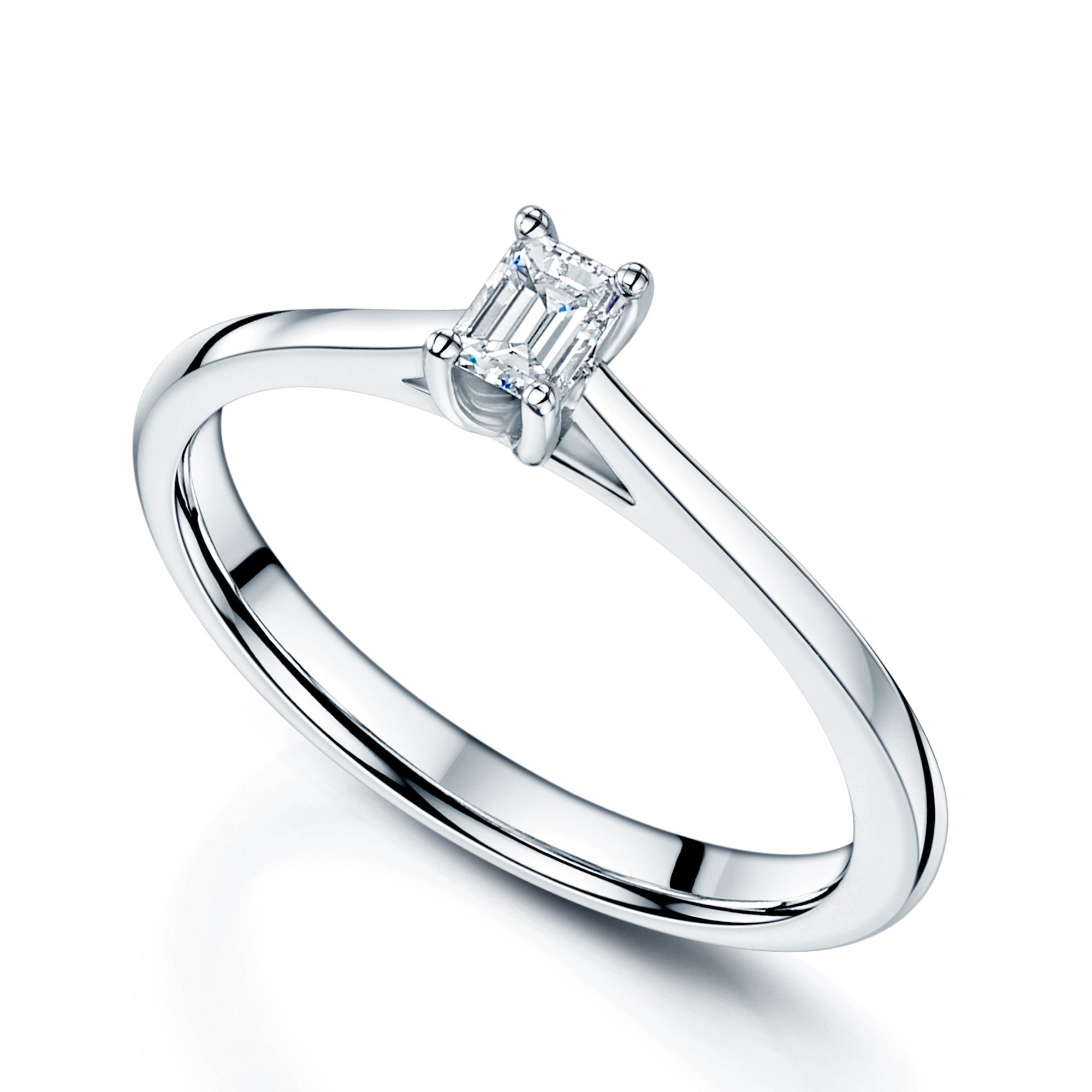 Platinum Emerald Cut Diamond Solitaire Four Claw Setting Ring