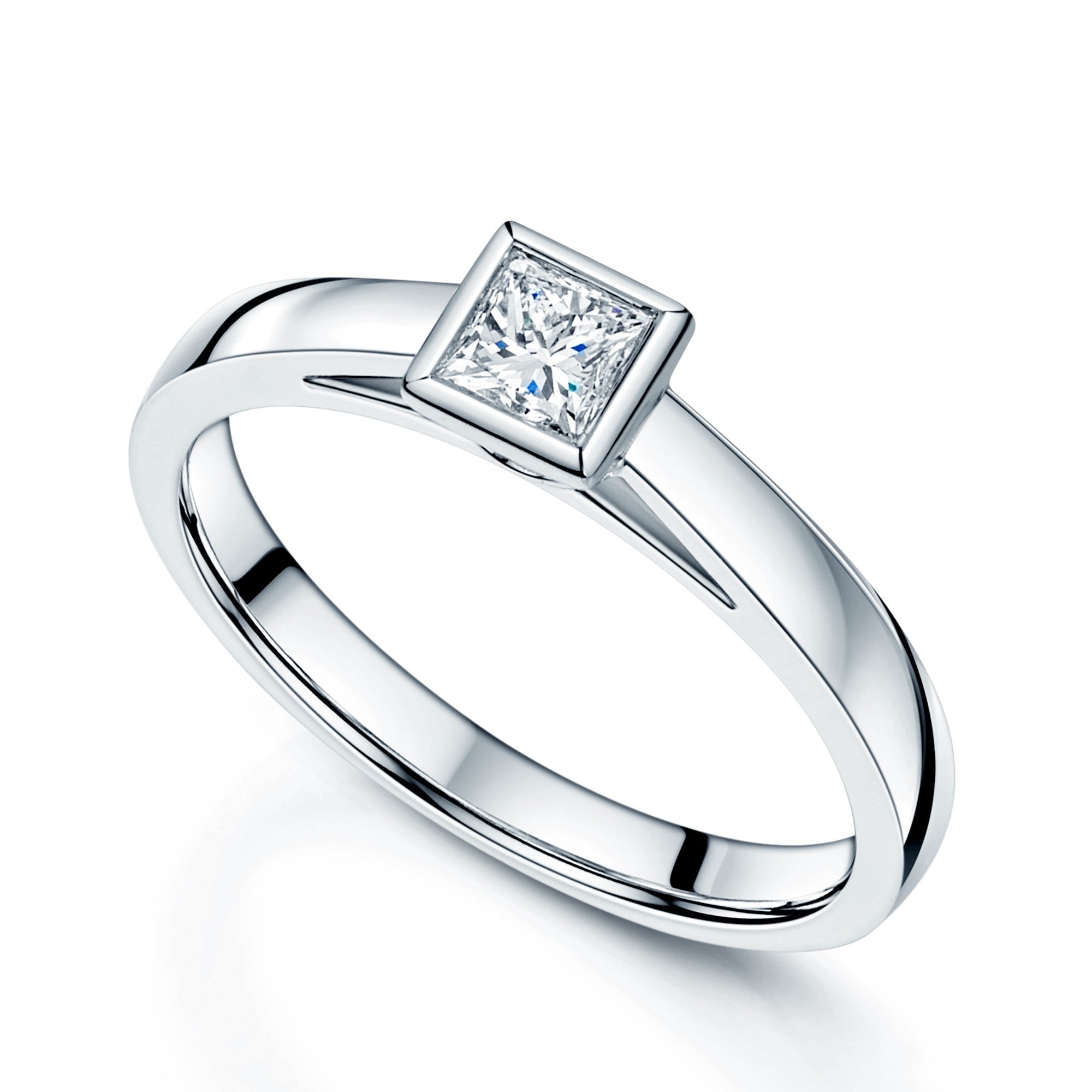 Platinum Princess Cut Rubover Setting Single Stone Diamond Ring