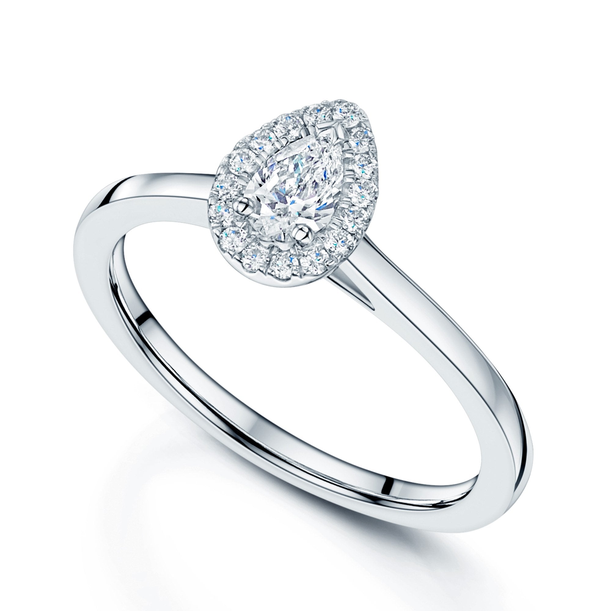 Platinum Pear Cut Diamond Ring With A Round Brilliant Cut Diamond Halo Setting