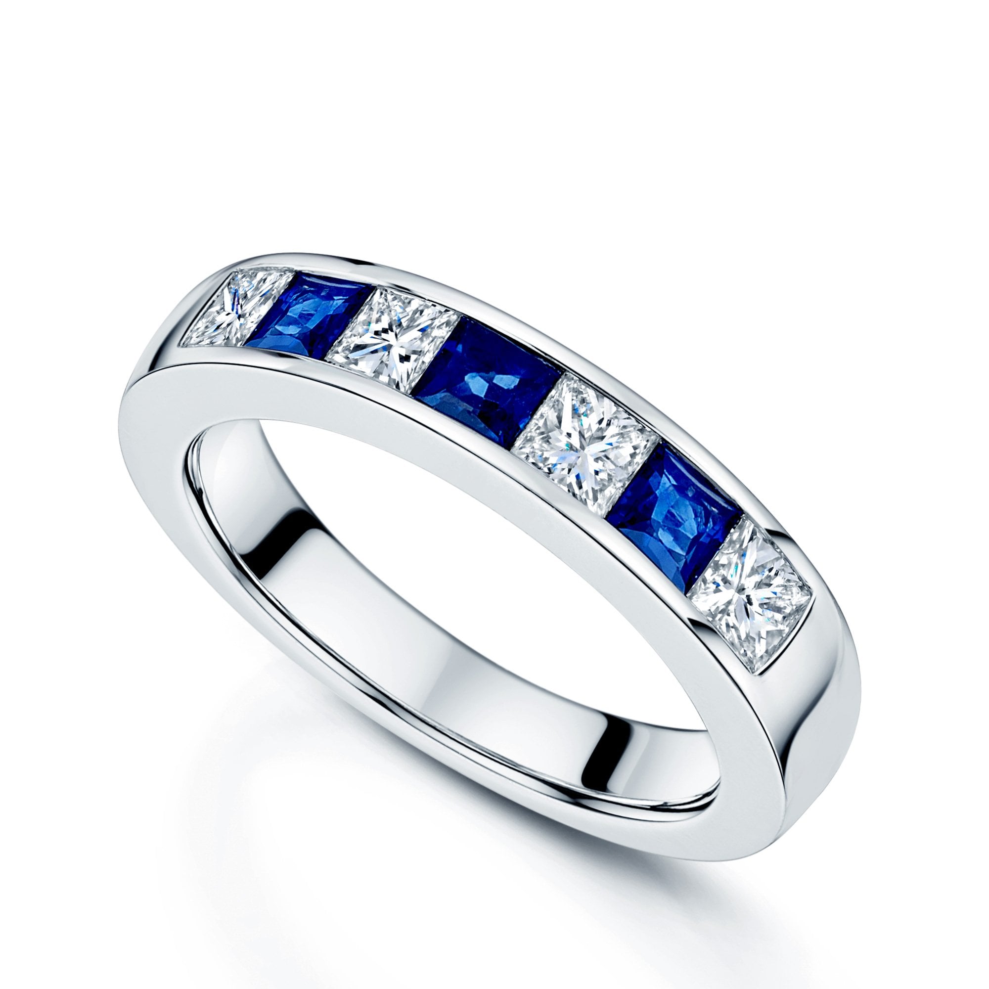 Platinum Square Sapphire & Princess Cut Diamond Seven Stone Half Eternity Ring