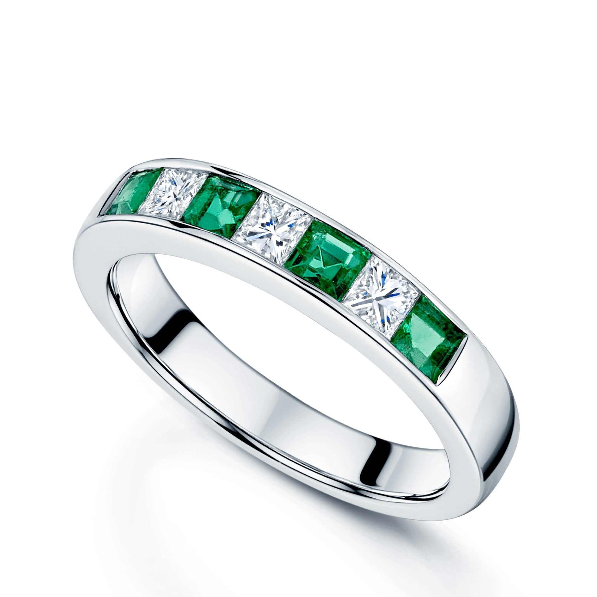 Platinum Square Emerald & Princess Cut Diamond Half Eternity Ring