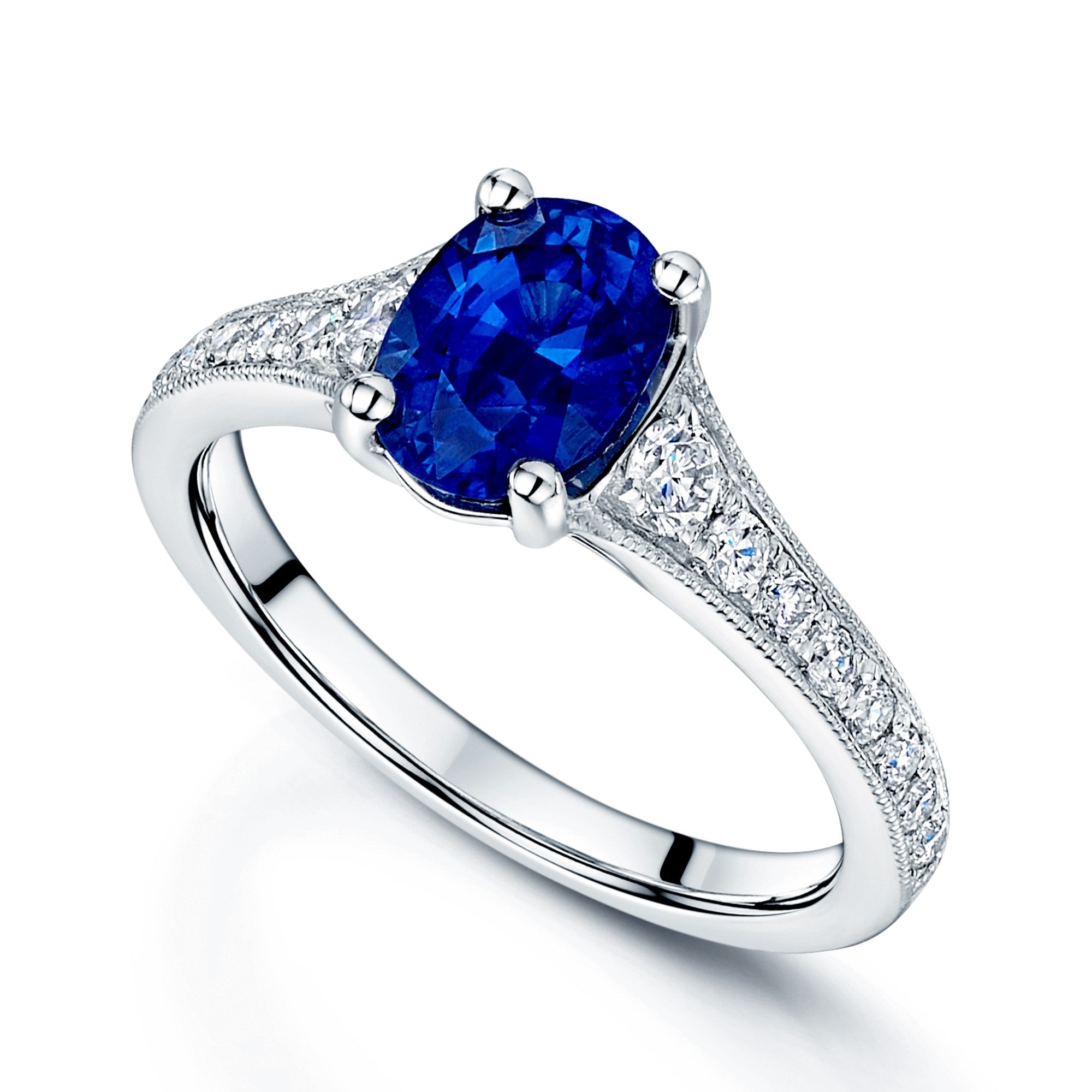 Platinum Oval Claw Set Sapphire Ring With Bead Edge Grain Set Diamond Shoulders