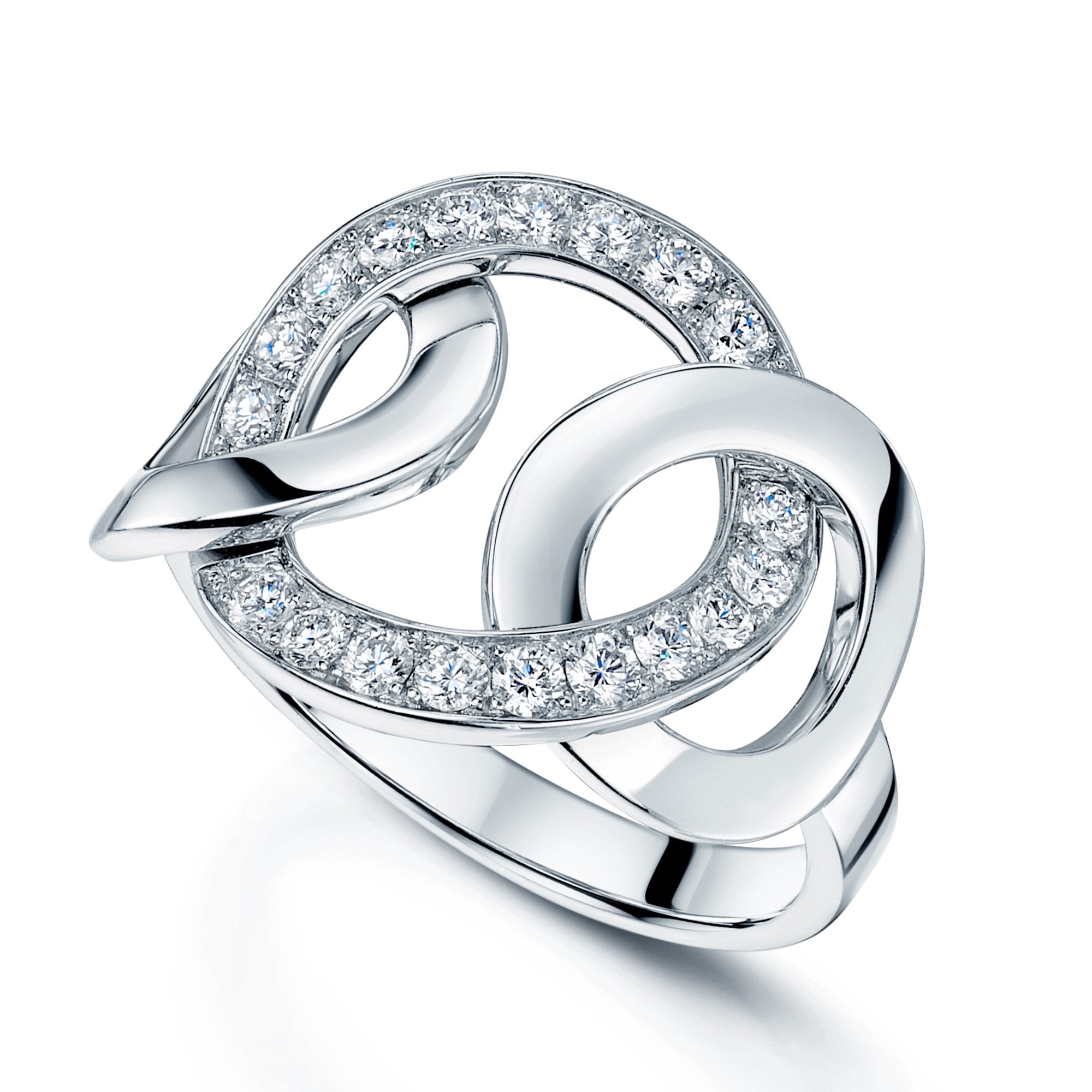 18ct White Gold Pave Diamond Set Open Three Circle Design Ring