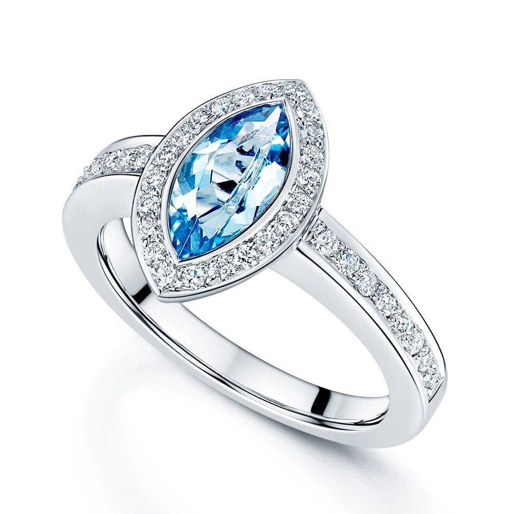 18ct White Gold Marquise Cut Aquamarine Ring With A Diamond Halo & Diamond Set Shoulders