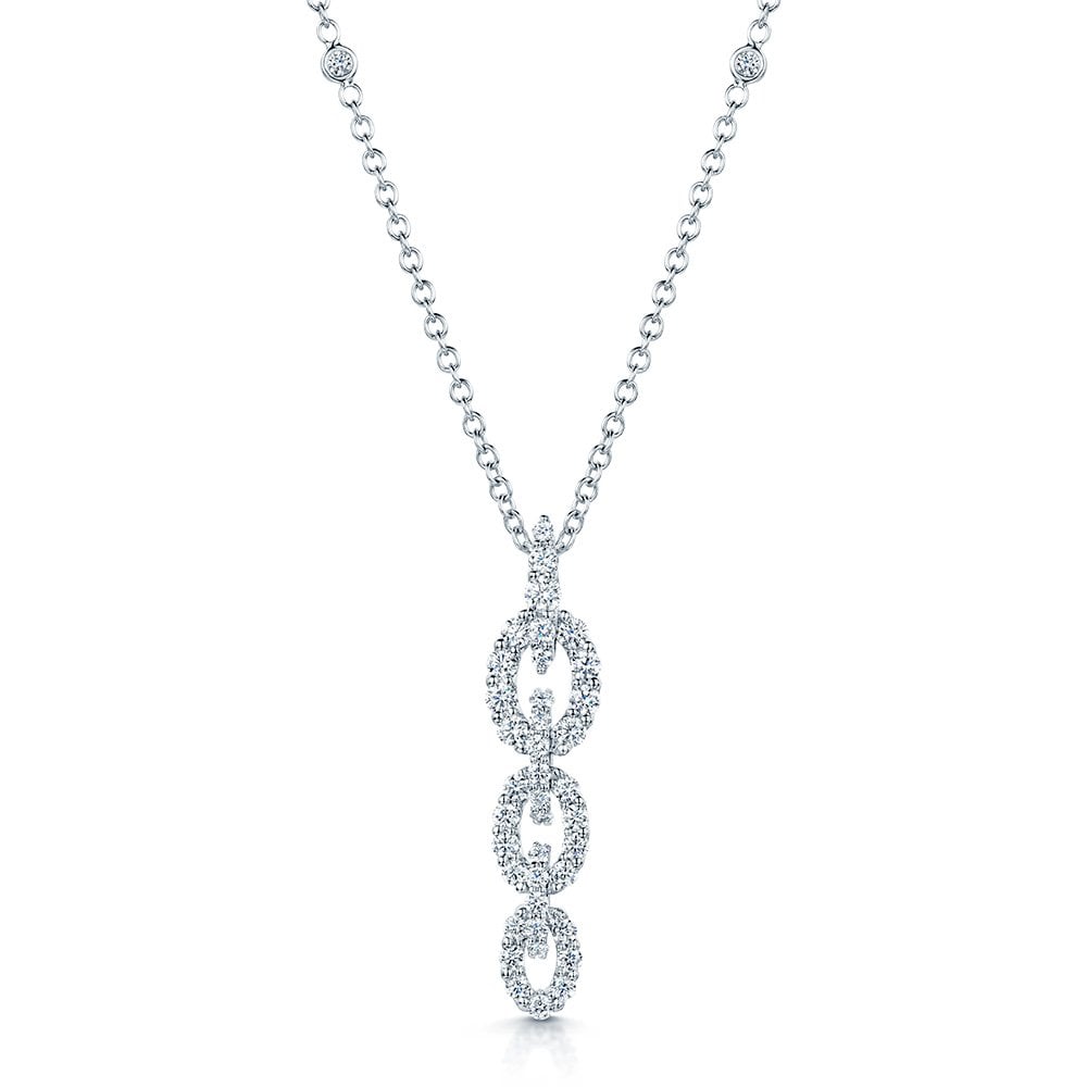 18ct White Gold Round Brilliant Cut Diamond Link Design Drop Necklace