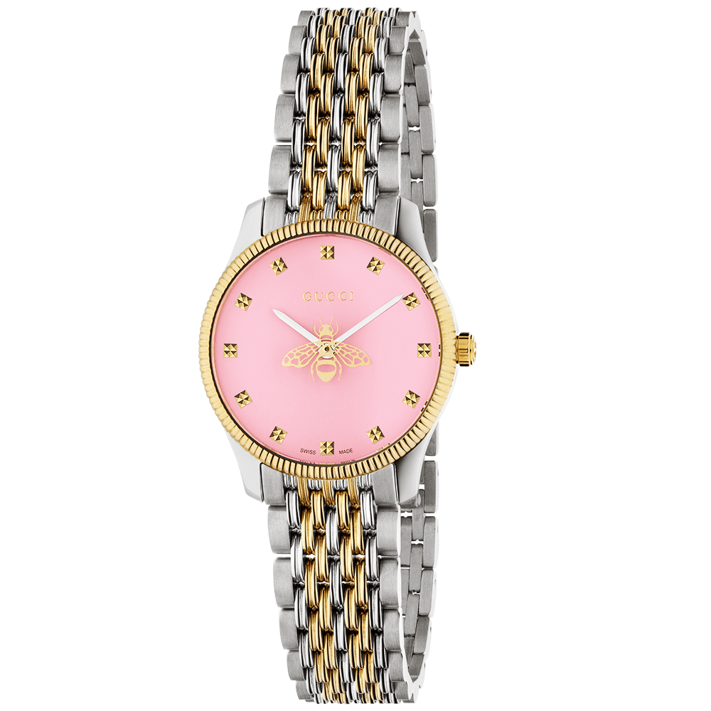 G-Timeless 29mm Pink Icon Bee Motif Dial Two Tone Bracelet Watch
