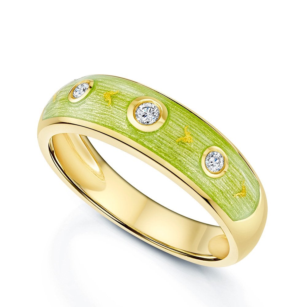 18ct Yellow Gold Green Enamel & Diamond Set Ring