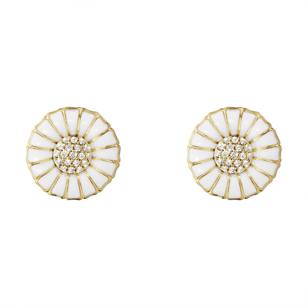 Daisy 18ct Yellow Gold Plated Silver And White Enamel Diamond Pave Set Stud Earrings