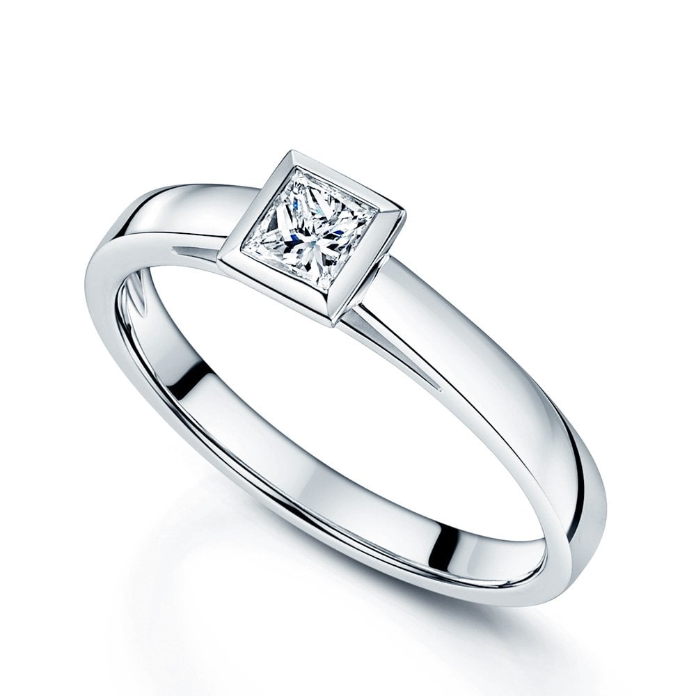 Platinum Princess Cut 0.30 Carat Diamond Ring With A Rub Over Setting