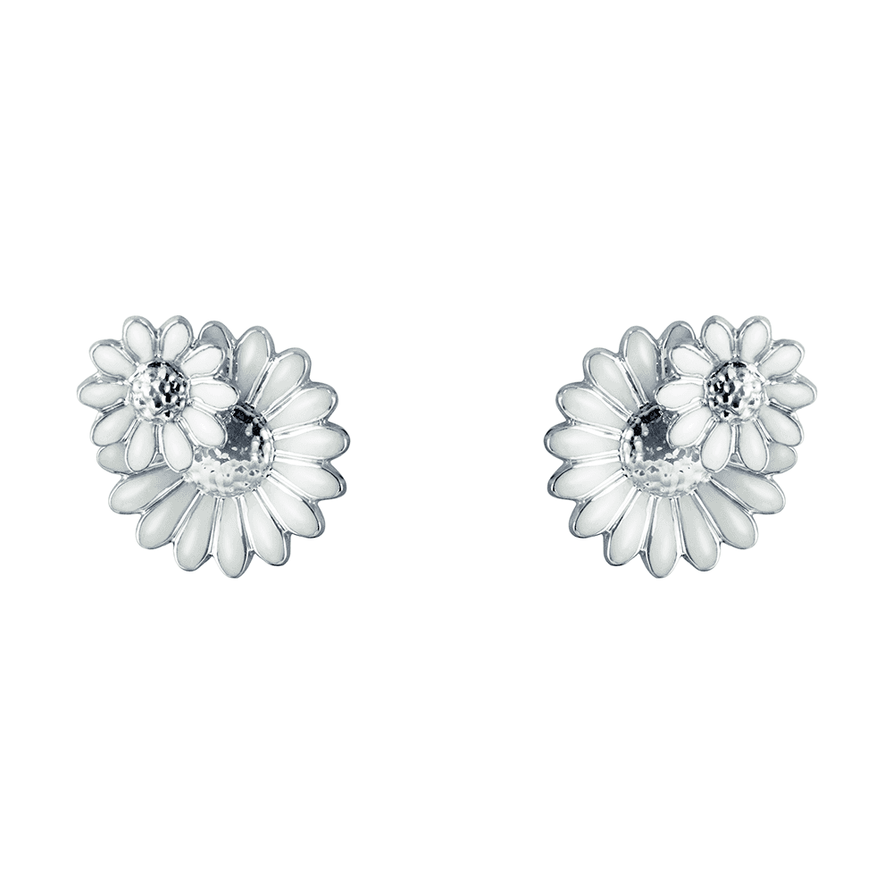 Daisy Rhodium Plated Sterling Silver & White Enamel Stud Earrings