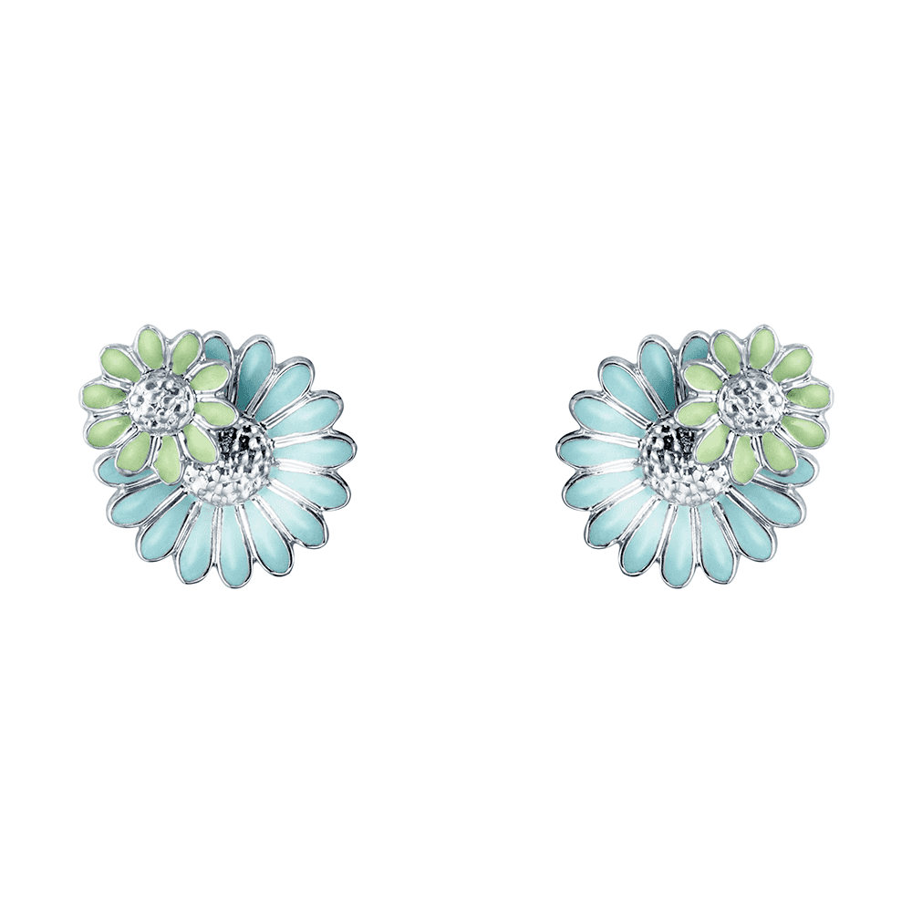 Daisy Rhodium Plated Sterling Silver & Blue & Green Enamel Stud Earrings