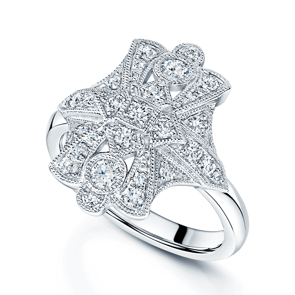 Platinum Art Deco Style Round Brilliant Cut Diamond Rub Over Milgrain S Dress Ring