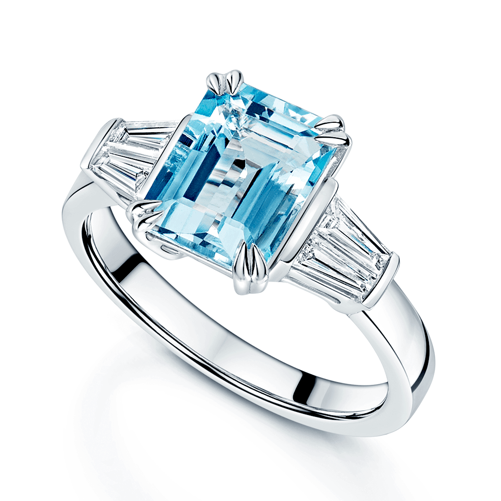 Platinum Aquamarine Emerald and Baguette Cut Diamond Ring