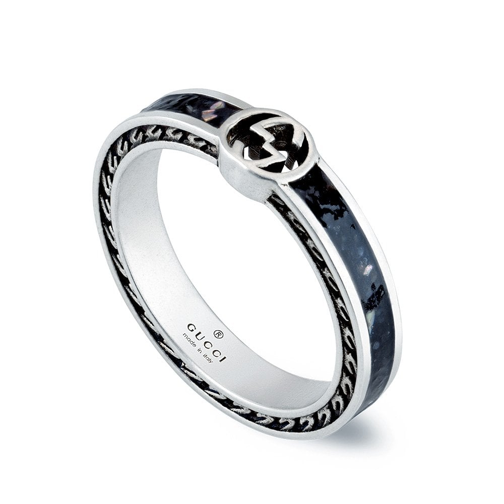 Interlocking G Sterling Silver And Black Enamel Thin Ring