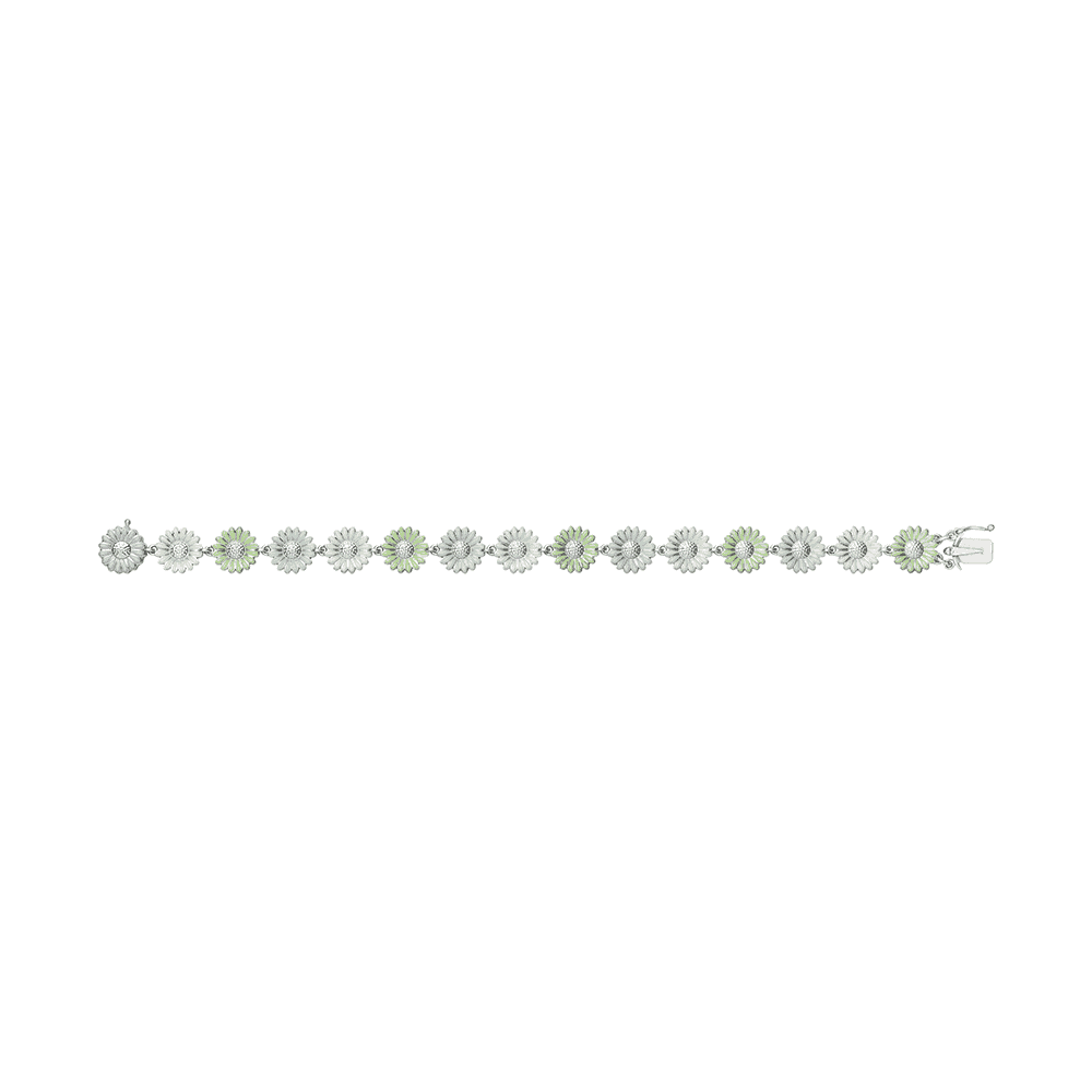Daisy Rhodium Plated Sterling Silver Green & White Enamel Bracelet