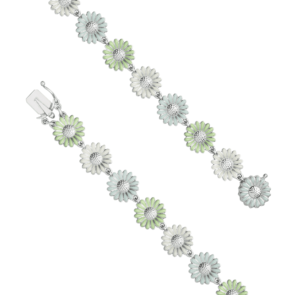 Daisy Rhodium Plated Sterling Silver Green & White Enamel Bracelet