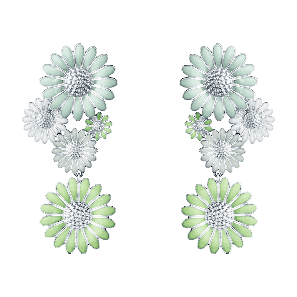 Daisy Rhodium Plated Sterling Silver Green & White Enamel Drop Earrings