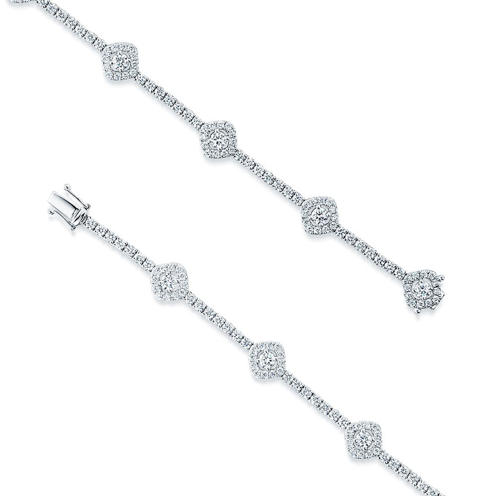 18ct White Gold Round Brilliant Cut Diamond Halo Cluster Set line Bracelet