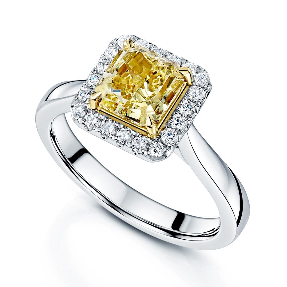 Platinum Natural Yellow Cushion Shape Diamond Ring With A Diamond Cluster Surround