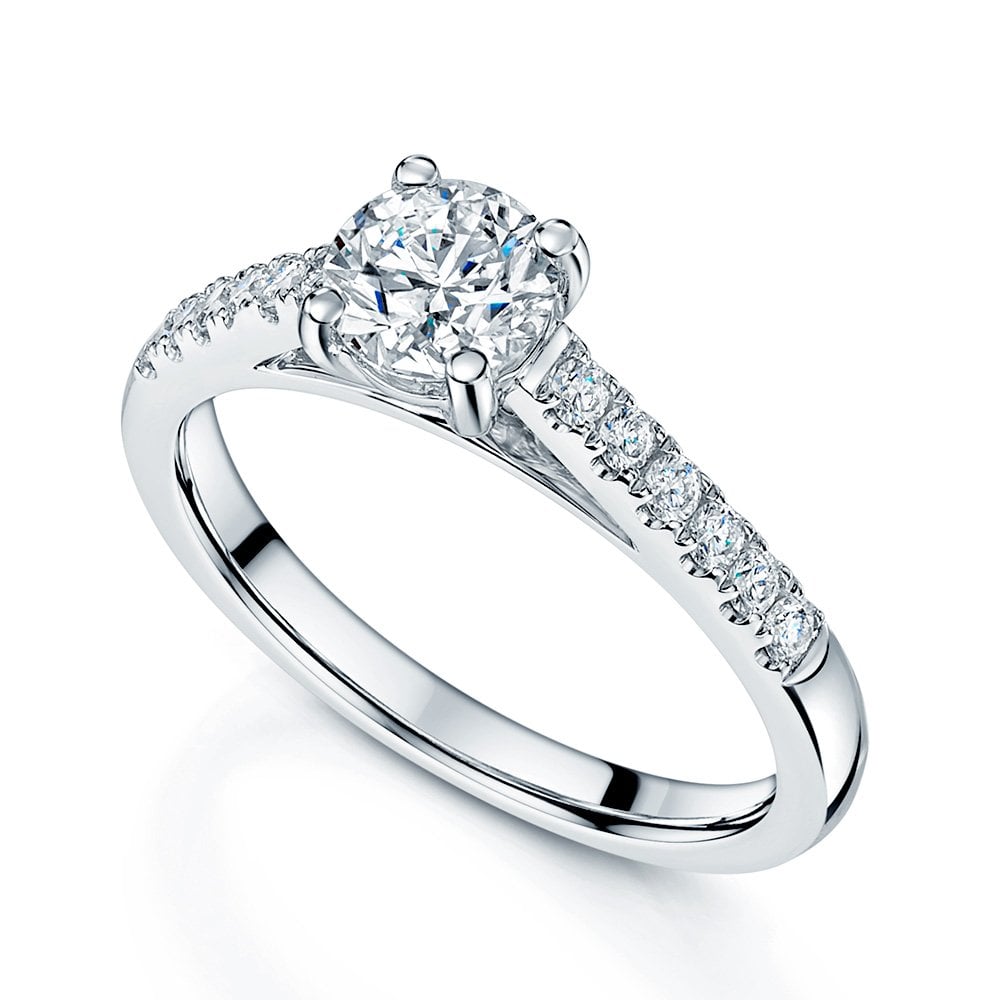 Platinum GIA Certificated 0.65 Carat Round Brilliant Cut Diamond Solitaire Ring With Diamond Shoulders