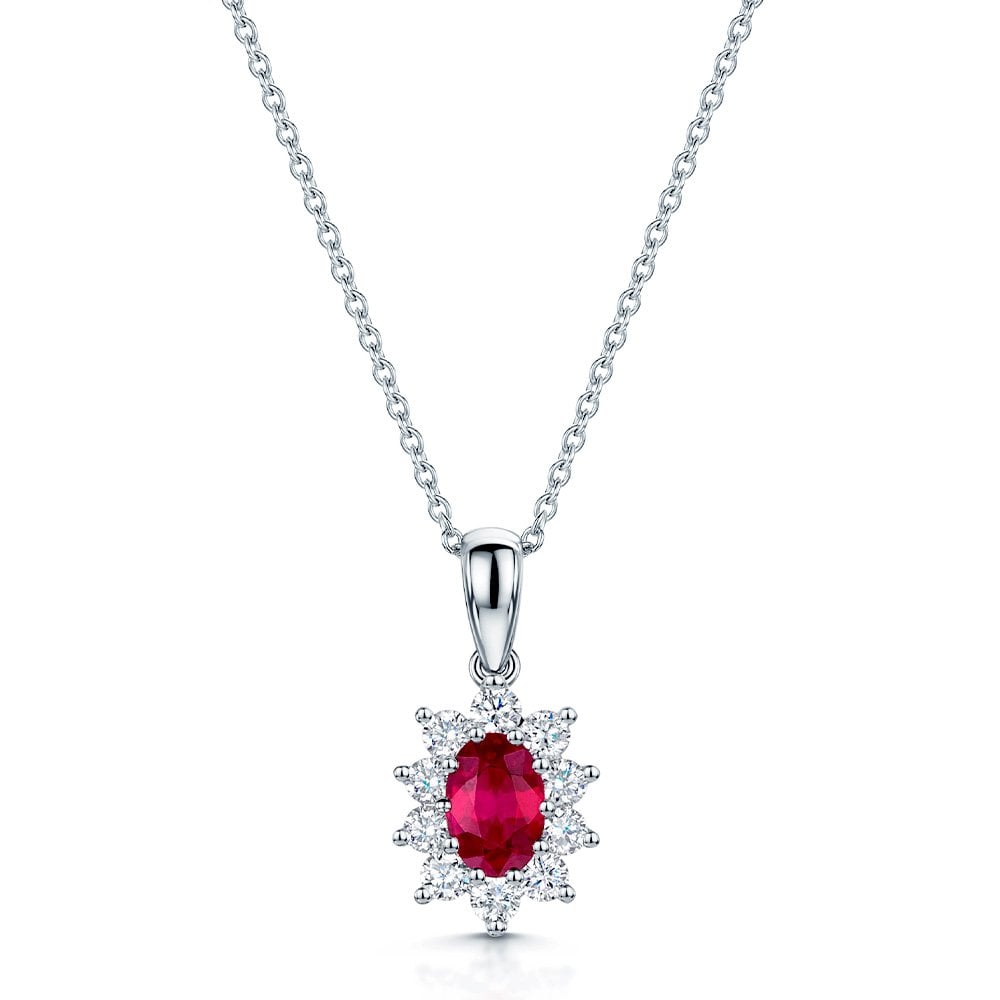 18ct White Gold Oval Ruby and Round Brilliant Cut Diamond Cluster Pendant