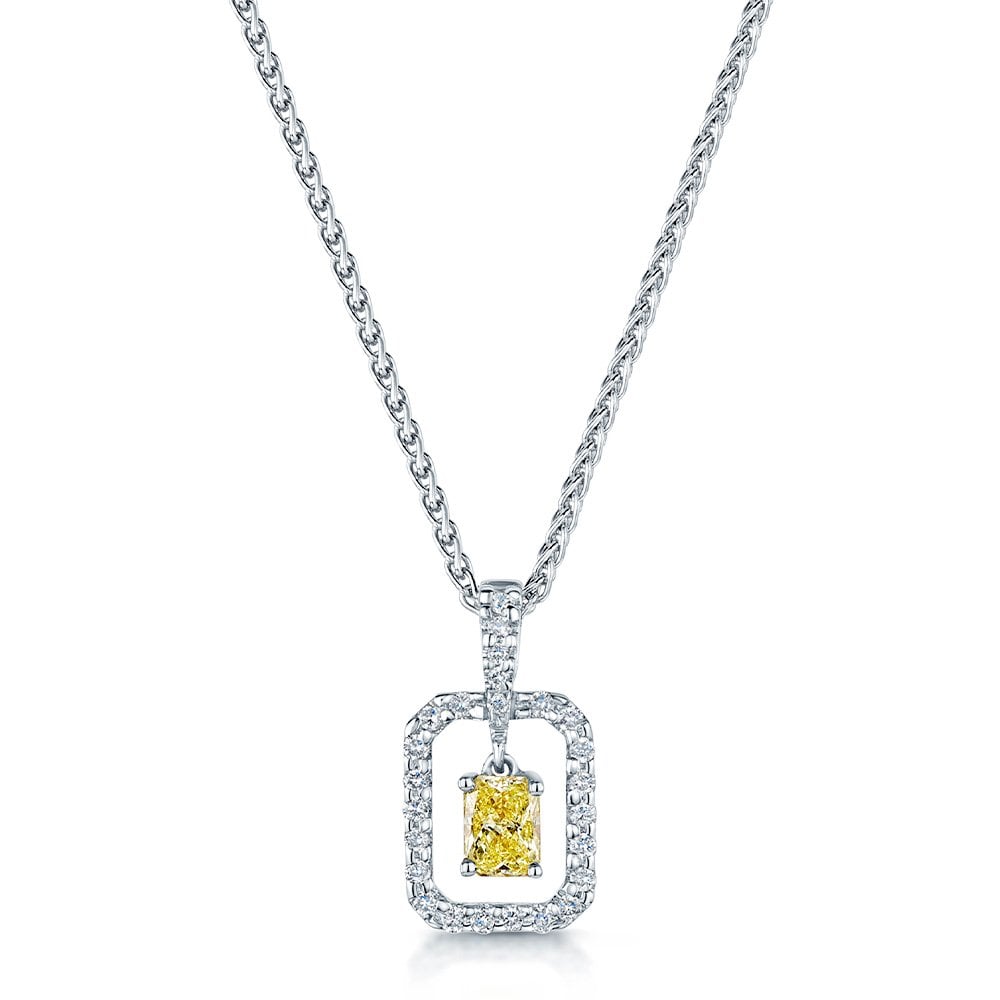 18ct White Gold Emerald Cut Yellow Sapphire with Diamond Open Surround Pendant