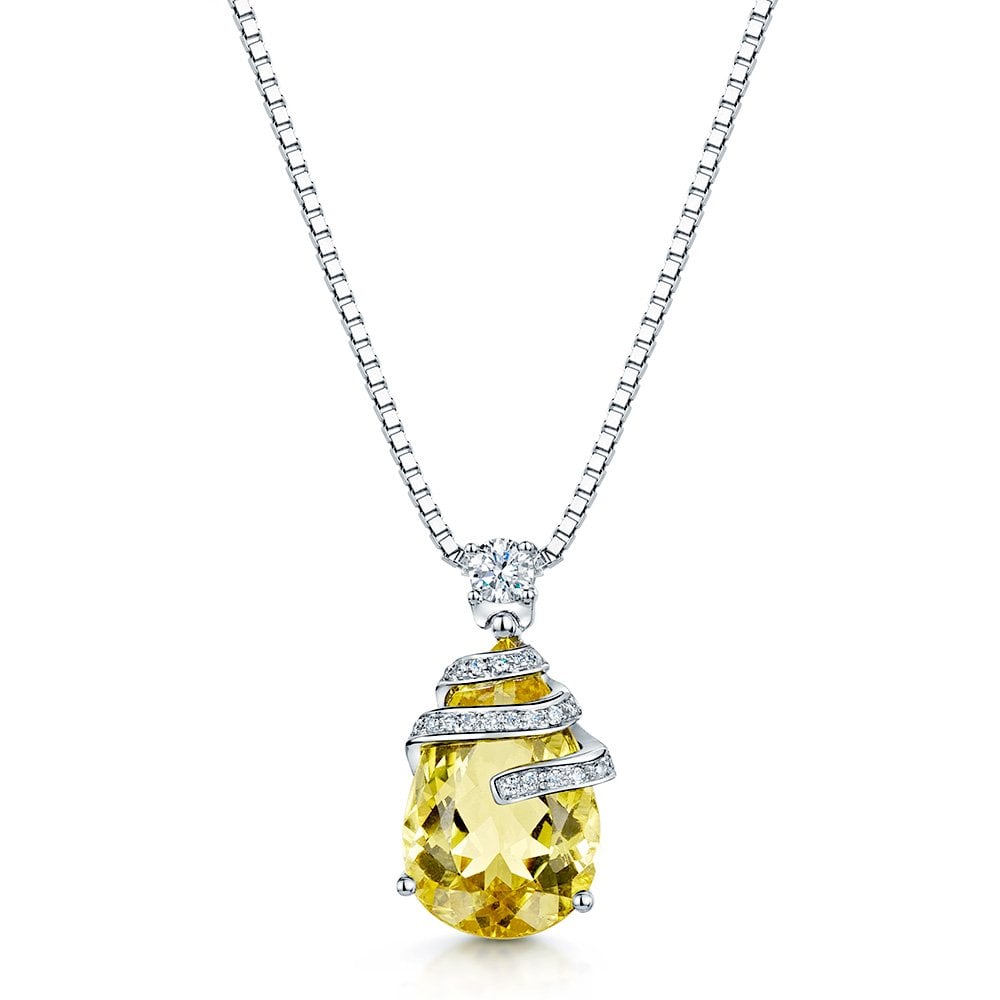 18ct White Gold Pear Shaped Yellow Beryl with Fancy Diamond Pave Set Swirl Design Pendant