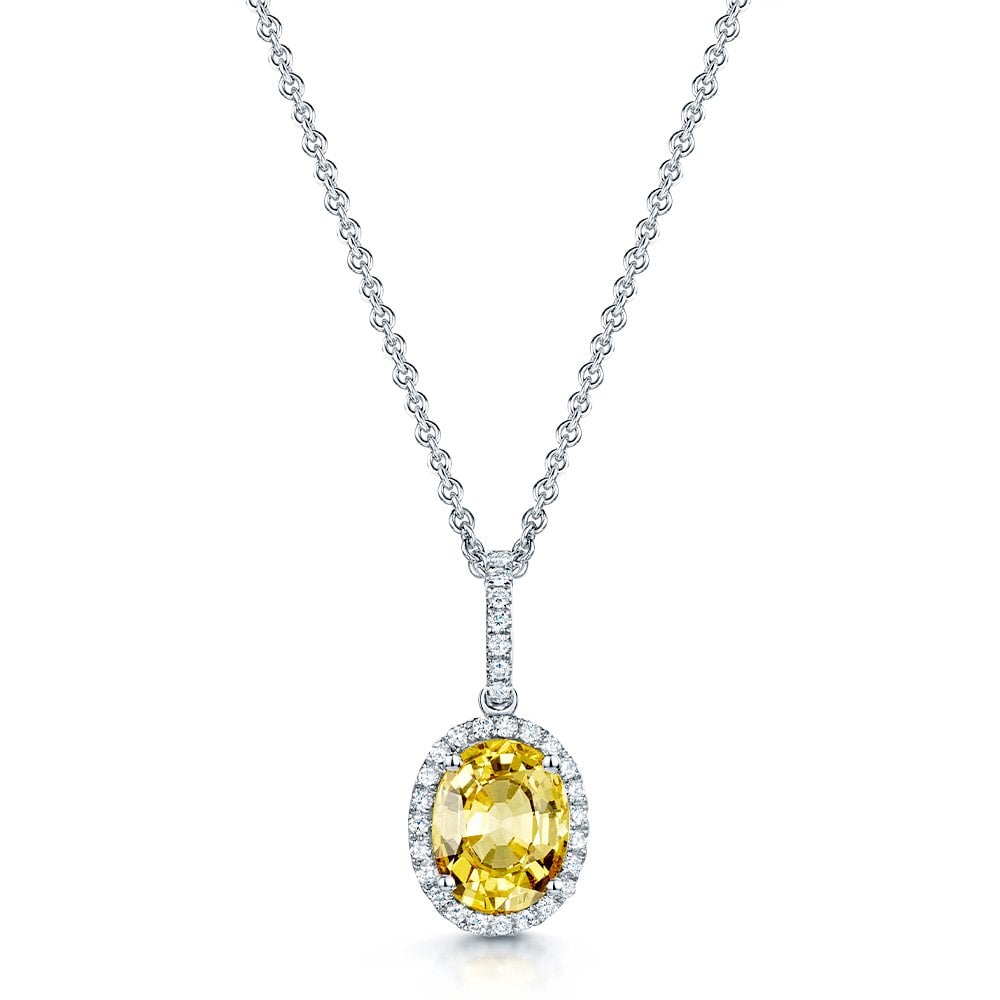 18ct White Gold Oval Cut Yellow Sapphire Diamond Halo Pendant