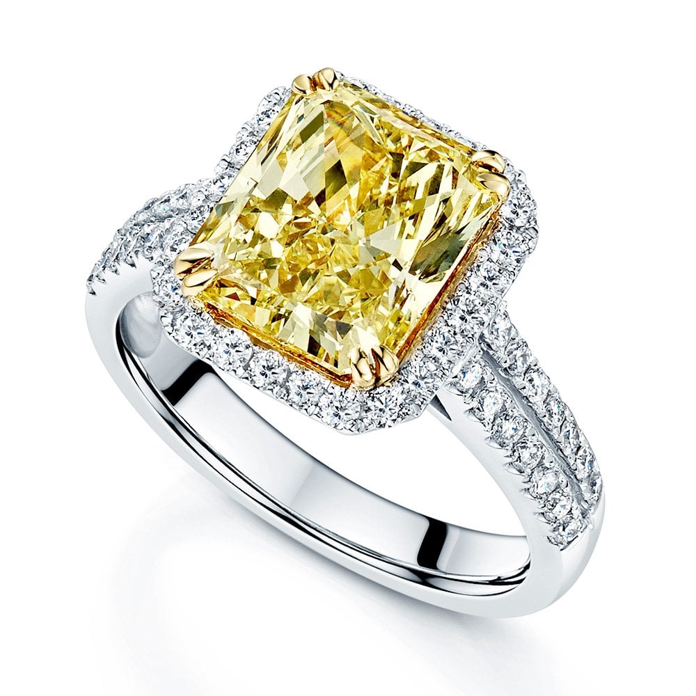 Platinum GIA Certificated Cushion Shape Yellow Diamond Halo Ring With Diamond Set Shoulders