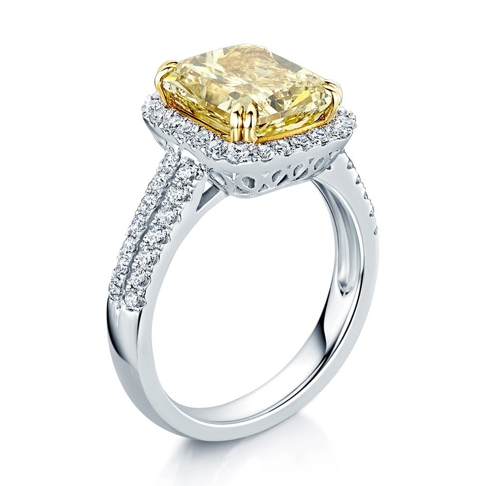 Platinum GIA Certificated Cushion Shape Yellow Diamond Halo Ring With Diamond Set Shoulders