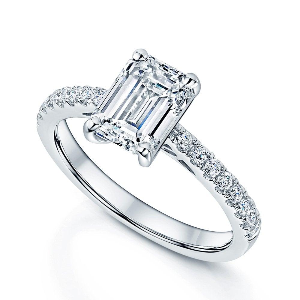 Platinum GIA Certificated Emerald Cut Diamond Ring With Diamond Set Shoulders