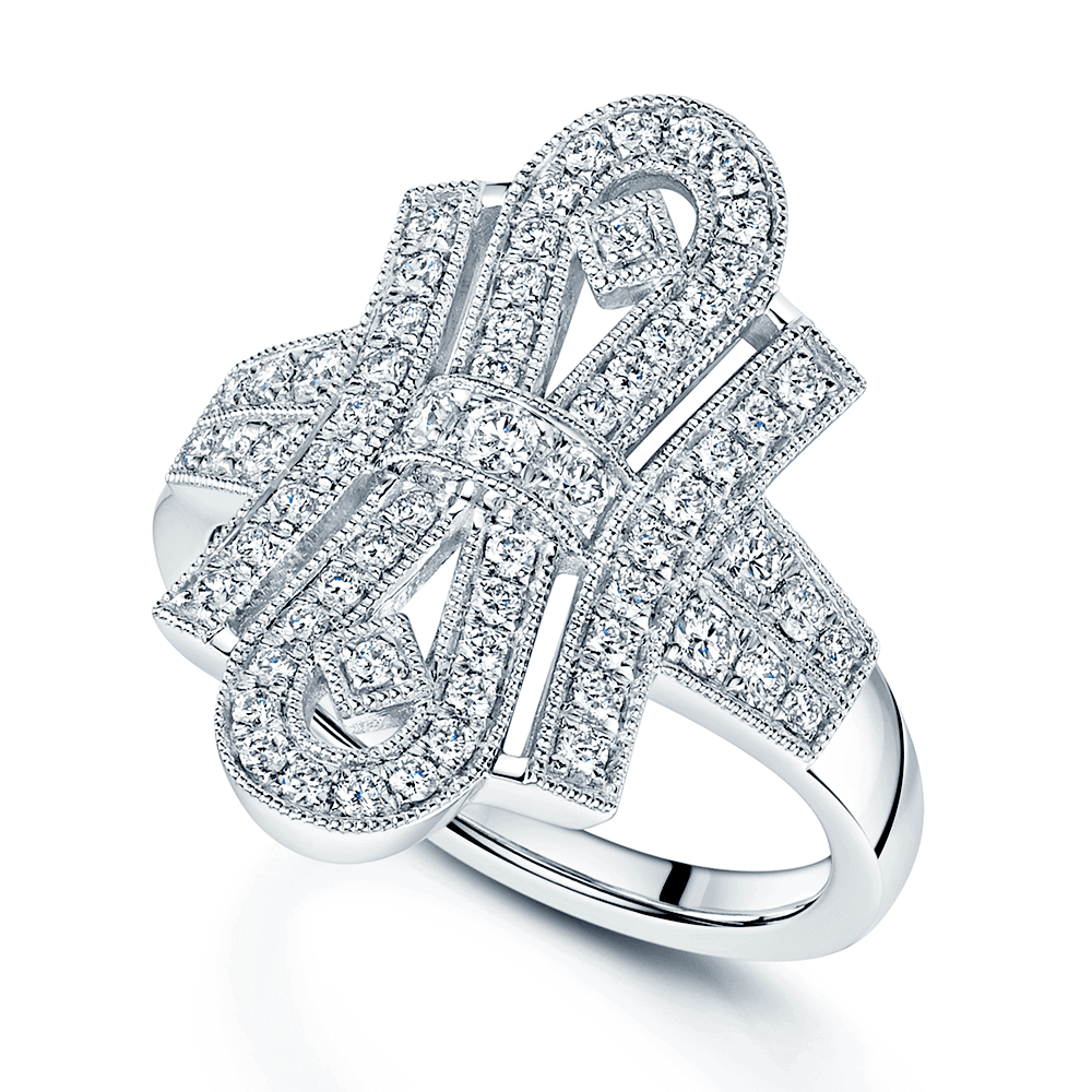 Platinum Art Deco Style Round Brilliant Cut Diamond Rub Over Milgrain Set Dress Ring