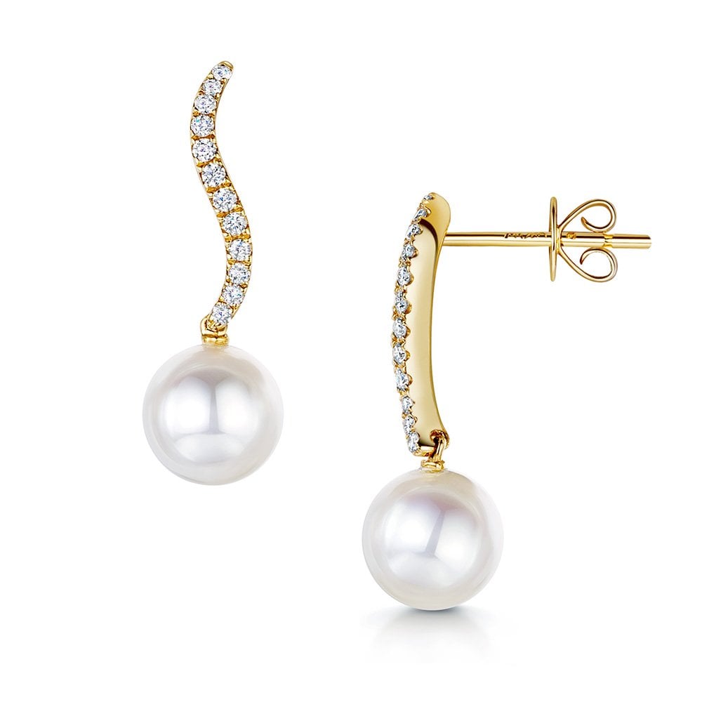 18ct Yellow Gold Diamond & Pearl Drop Earrings
