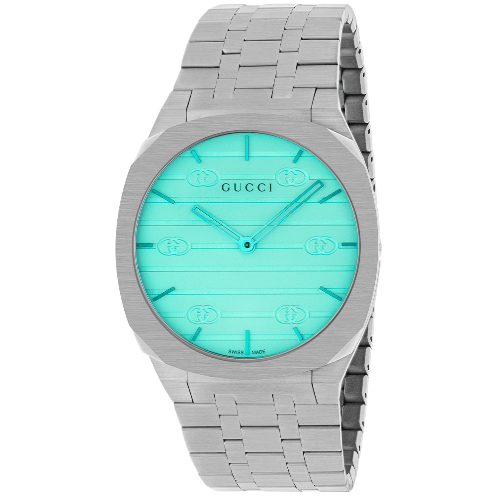 GUCCI 25H 38mm White Dial And Ocean Blue Coloured Glass Stainless Steel Bracelet Watch