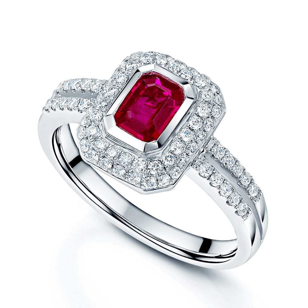 Platinum Emerald Cut Ruby With Diamond Double Halo and Diamond Set Shoulders
