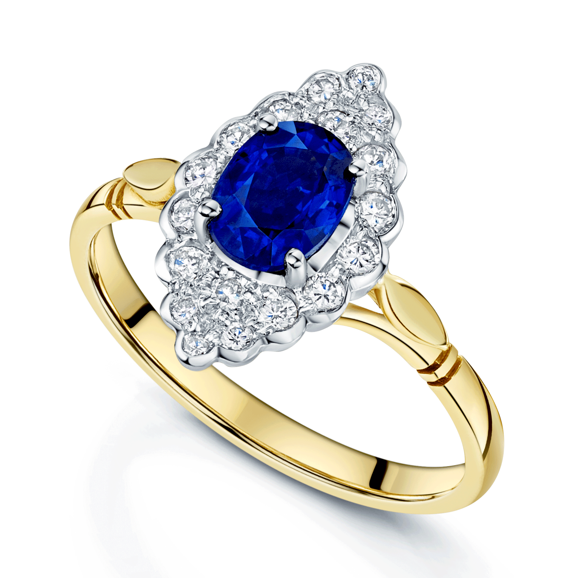 18ct Yellow Gold Oval Blue Sapphire & Round Brilliant Cut Diamond Cluster Ring