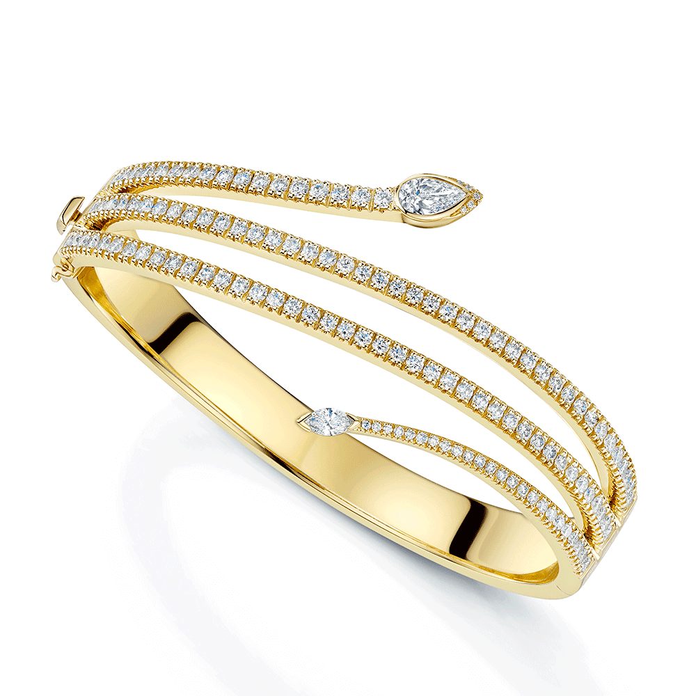 18ct Yellow Gold Serpente Pear, Marquise & Round Brilliant Cut Diamond Spiral Pave Bangle