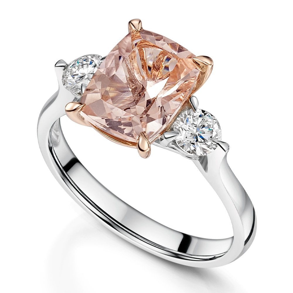 18ct White Gold Cushion Cut Morganite And Diamond Trilogy Ring With 18ct Rose Gold Claws