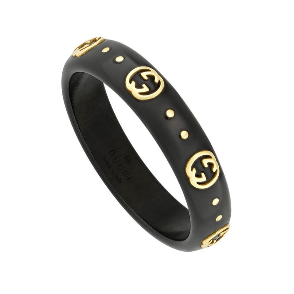 Icon 18ct Yellow Gold And Black Synthetic Corundum 4mm Ring With Interlocking G Detail