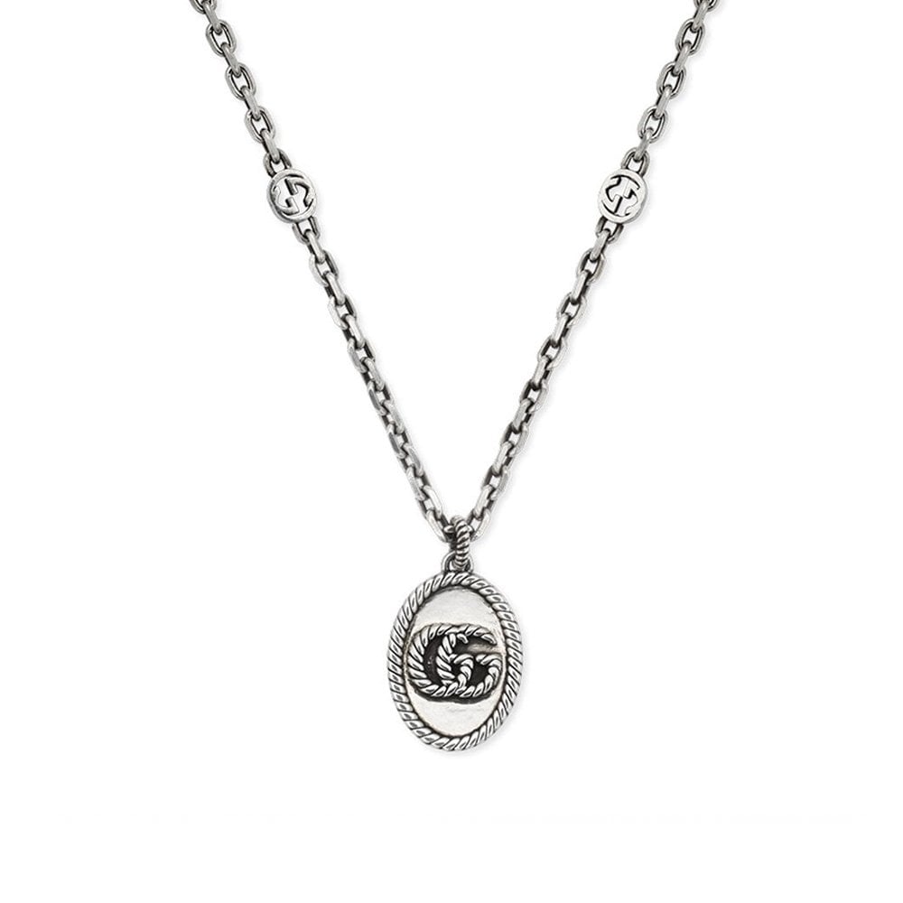 Marmont Aged Sterling Silver Oval Necklace with GG Chain