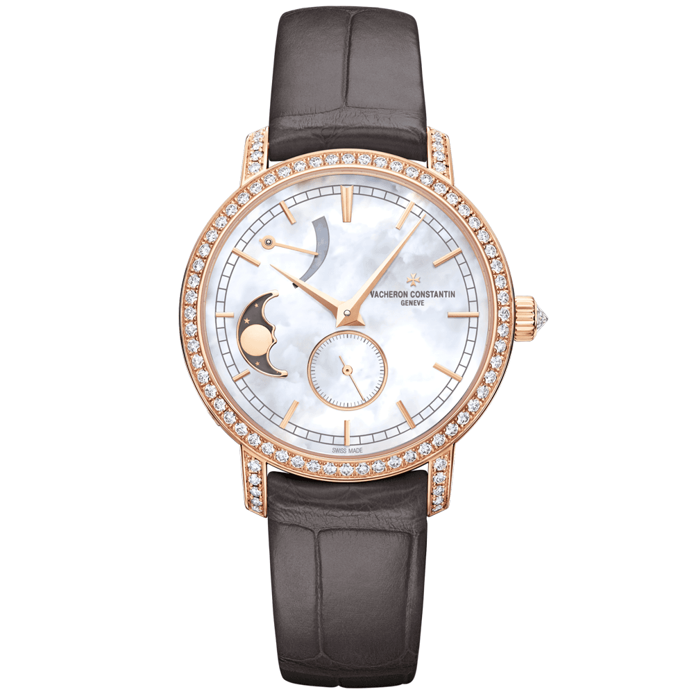 Traditionnelle Moonphase 18ct Pink Gold Ladies Strap Watch