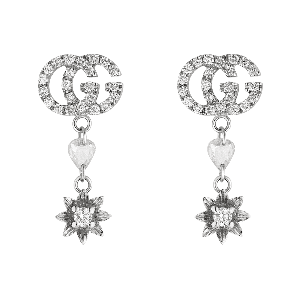 Flora 18ct White Gold Flower And Double G Diamond Drop Earrings