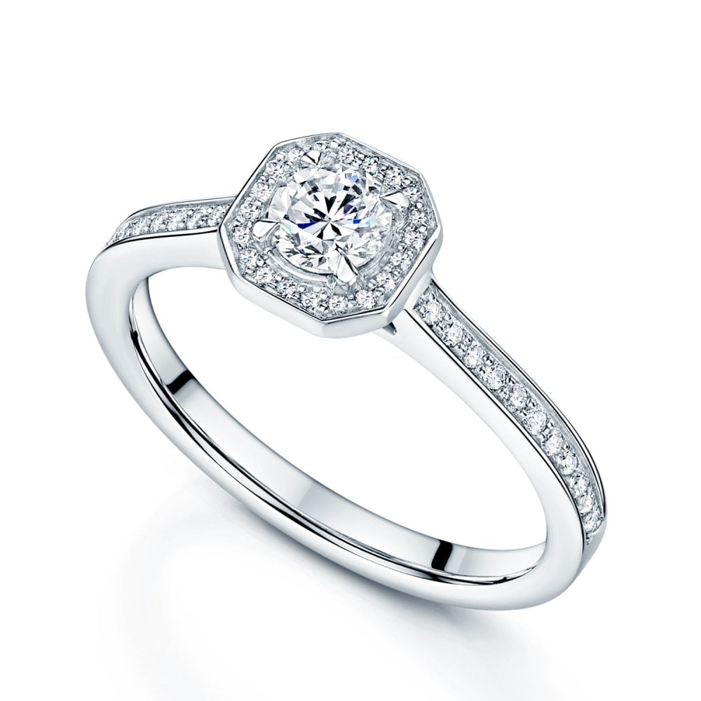 Platinum Round Brilliant Cut Diamond Cluster Ring With Diamond Halo And Channel Set Shoulders