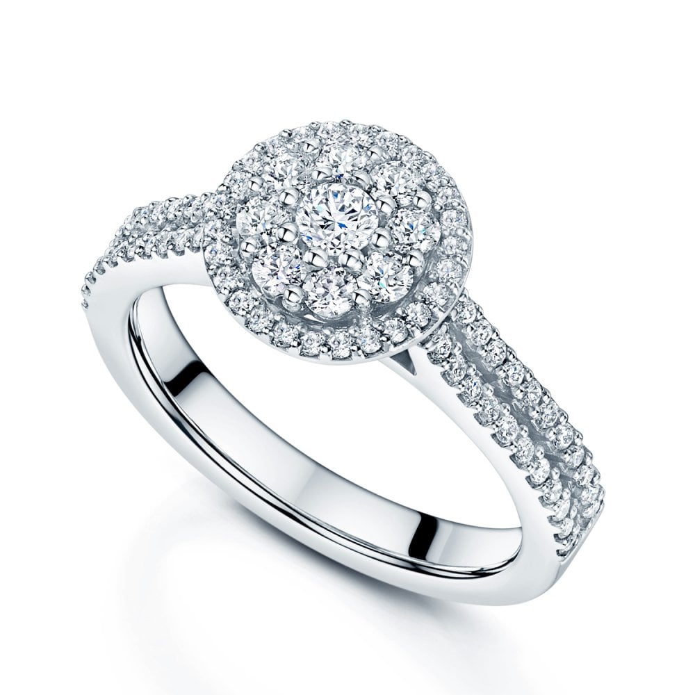 Platinum Round Brilliant Cut Diamond Cluster Ring With Two Row Diamond Shoulders