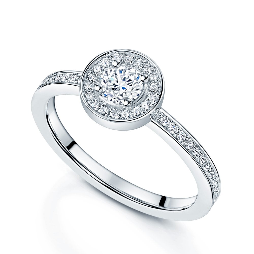 Platinum Round Brilliant Cut Diamond Ring With Diamond Halo and Channel Set Shoulders